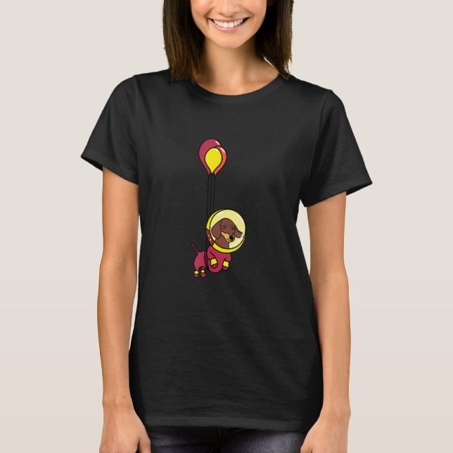 Floating Burgundy Astronaut Dachshund With Balloon T-Shirt (Front)