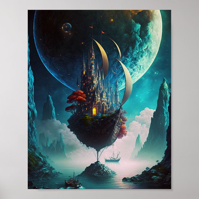 Floating Castle Ship Fantasy Art Poster (Front)