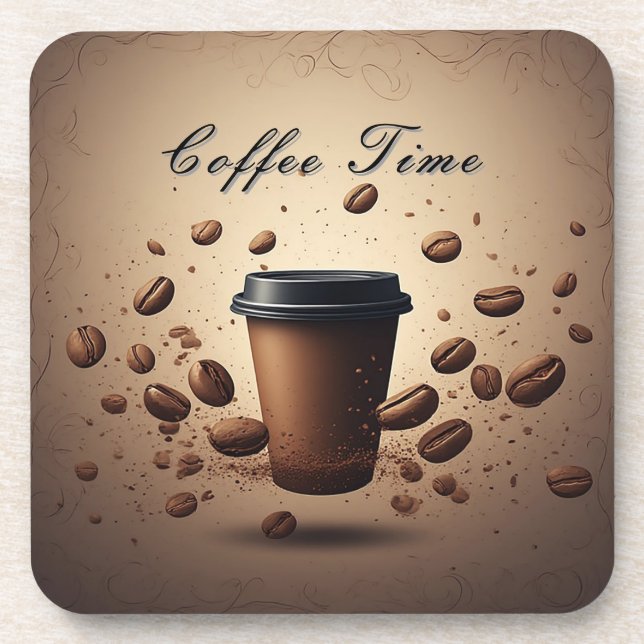Floating Coffee Cup With Coffee Beans Coaster (Front)