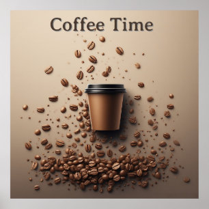 Floating Coffee Cup With Coffee Beans Poster