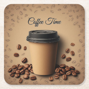 Floating Coffee Cup With Coffee Beans Square Paper Coaster