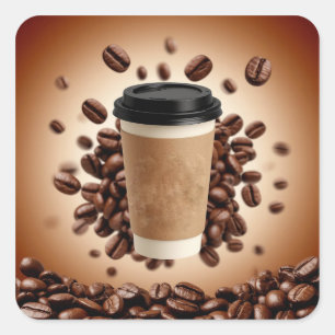 Floating Coffee Cup With Coffee Beans Square Sticker