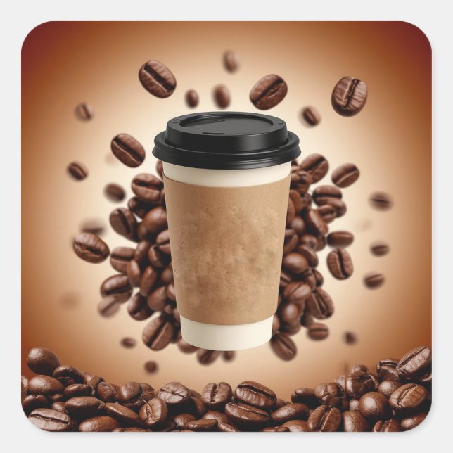 Floating Coffee Cup With Coffee Beans Square Sticker (Front)