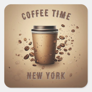 Floating Coffee Cup With Coffee Beans Square Sticker