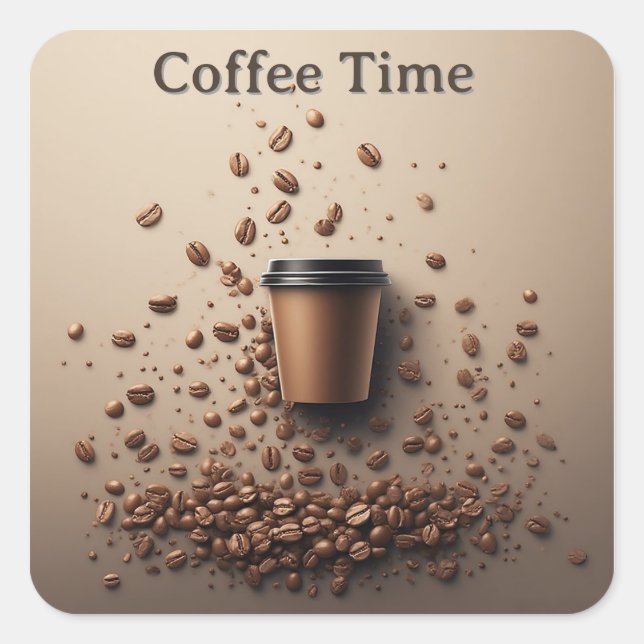 Floating Coffee Cup With Coffee Beans Square Sticker (Front)