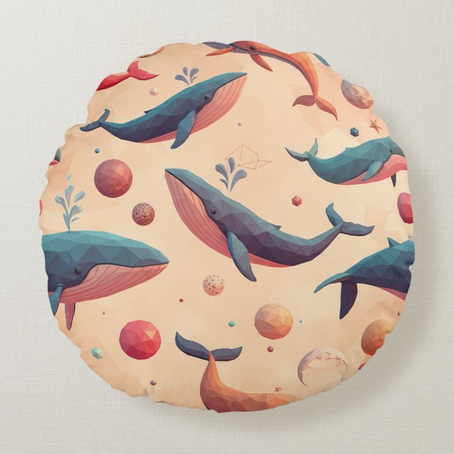 Floating Cosmic Whales Round Cushion (Front)