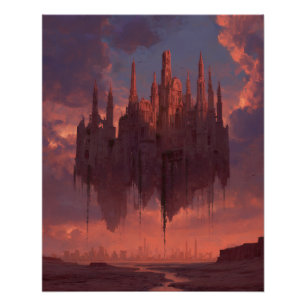 Floating Crimson Castle at Sunset Sky Poster