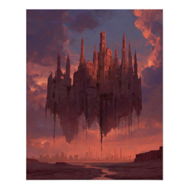 Floating Crimson Castle at Sunset Sky Poster (Front)