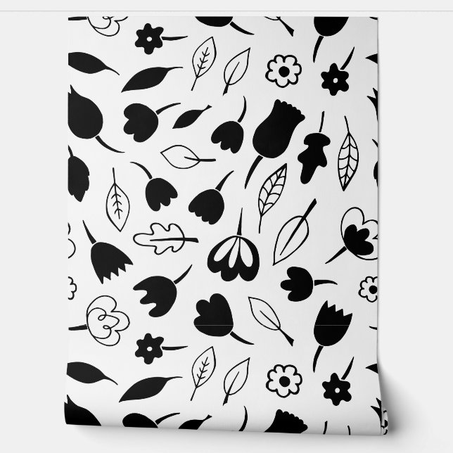 Floating Flowers Monochrome Pattern Wallpaper (Unrolling)