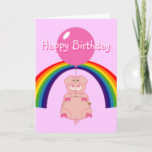 floating flying pig over the rainbow birthday card