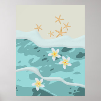 Floating Frangipanis on Beach Wave Meet Starfishes Poster