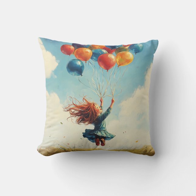 Floating Girl with Balloons Cushion (Front)