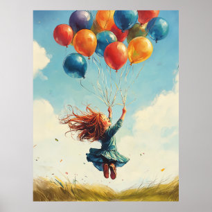 Floating Girl with Balloons Poster