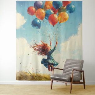 Floating Girl with Balloons Tapestry