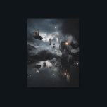 Floating Gothic Ruins Cosmic Mirror Night Canvas Print<br><div class="desc">Shattered gothic cathedrals and broken spires float as isolated islands in a vast, starry night sky. Each ruin glows with ethereal blue-violet light from cracked windows and arched interiors, while small warm lanterns and fires flicker in the darkness. A slender crescent moon hangs low, illuminating swirling clouds and casting perfect...</div>