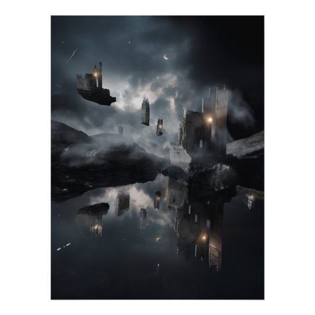 Floating Gothic Ruins Cosmic Mirror Night Photo Print (Front)