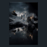 Floating Gothic Ruins Cosmic Mirror Night Poster<br><div class="desc">Shattered gothic cathedrals and broken spires float as isolated islands in a vast, starry night sky. Each ruin glows with ethereal blue-violet light from cracked windows and arched interiors, while small warm lanterns and fires flicker in the darkness. A slender crescent moon hangs low, illuminating swirling clouds and casting perfect...</div>