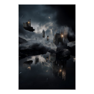 Floating Gothic Ruins Cosmic Mirror Night Poster