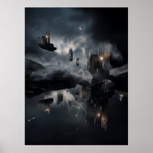 Floating Gothic Ruins Cosmic Mirror Night Poster