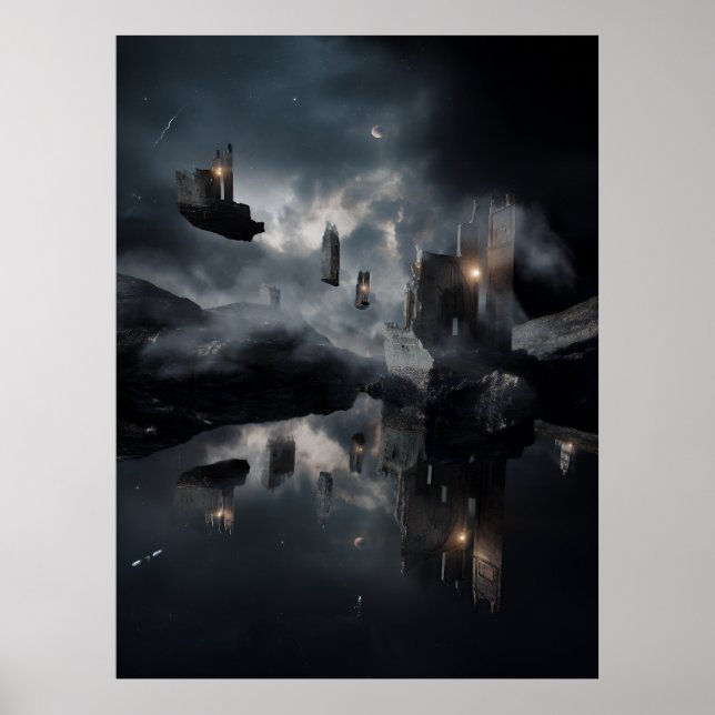Floating Gothic Ruins Cosmic Mirror Night Poster (Front)