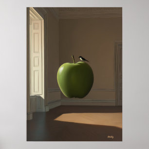 Floating Green Apple and Bird – Surreal Dreamscape Poster