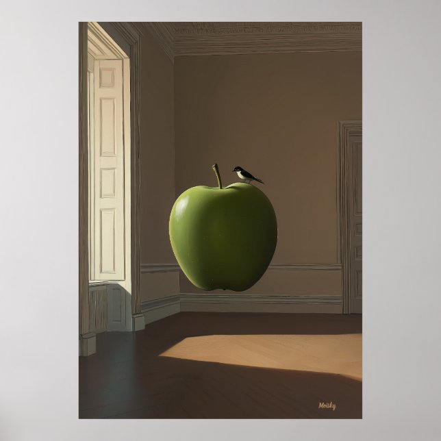 Floating Green Apple and Bird – Surreal Dreamscape Poster (Front)