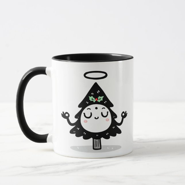 Floating Holly Tree – Cute Zen Christmas Meditate Mug (Left)