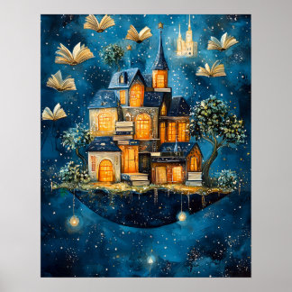 Floating House of Books Fantasy Art Poster