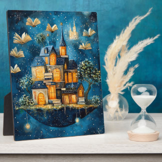Floating House of Books Fantasy Tabletop Art Plaque