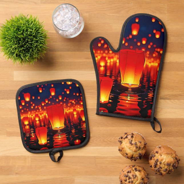 Floating Lanterns of Hope Design Oven Mitt & Pot Holder Set (Top Down)