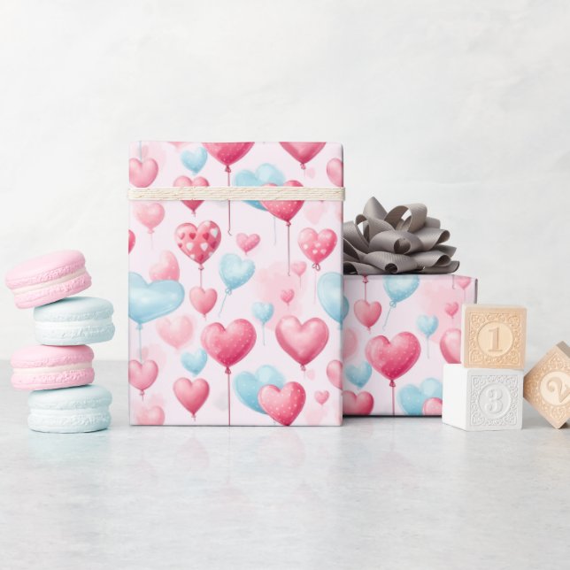 Floating Pink and Blue Heart Balloons Wrapping Paper (Baby Shower)