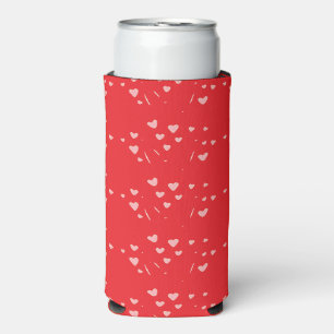Floating pink hearts pattern on red seltzer can cooler