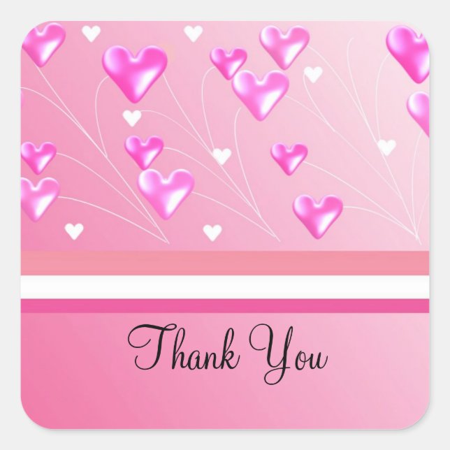 Floating Pink Hearts Thank You Square Sticker (Front)