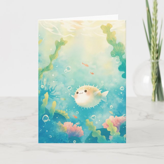 Floating Pufferfish Among the Seaweed Card (Front)