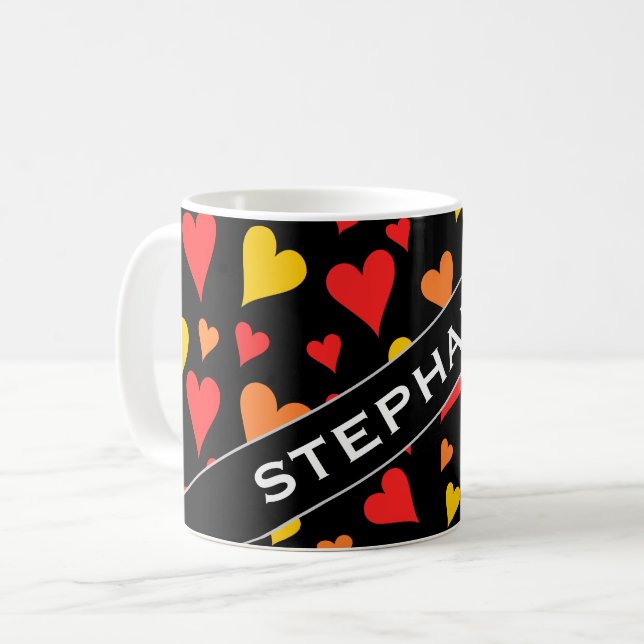 Floating Red, Orange and Yellow Hearts Pattern Mug (Front Left)