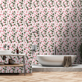 Floating Roses with Pink Stripes Wallpaper