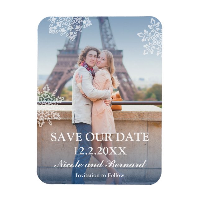 Floating Snowflakes Winter Photo Save the Date Magnet (Vertical)