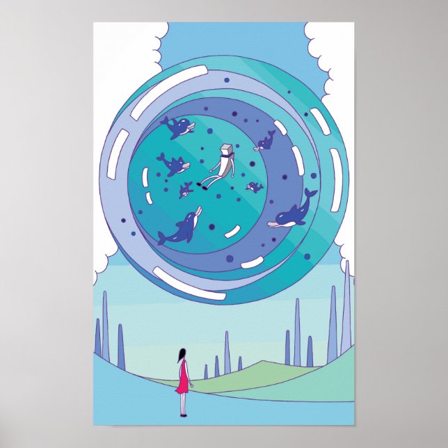 Floating sphere with dolphins swimming in it. poster (Front)