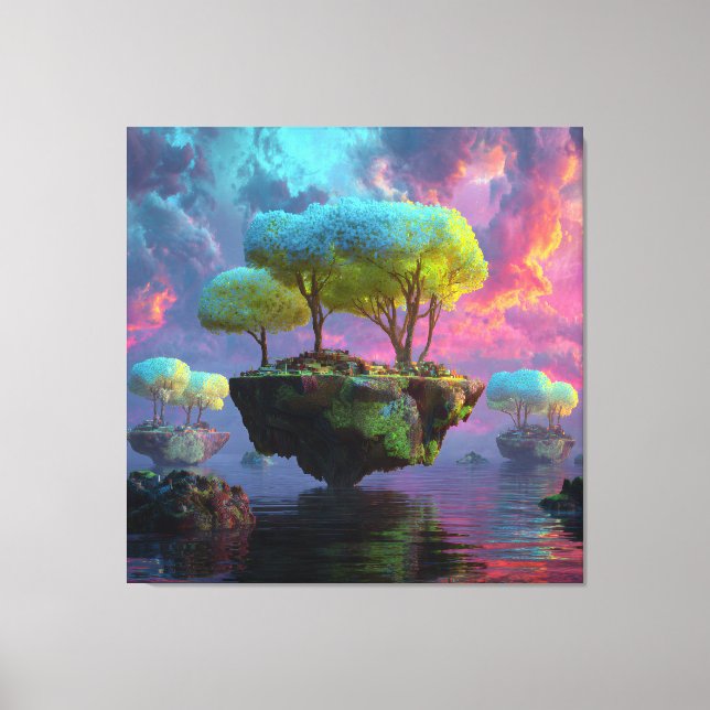 Floating Turquoise Tree Islands Neon Sky Canvas Print (Front)