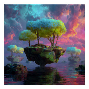 Floating Turquoise Tree Islands Neon Sky Poster
