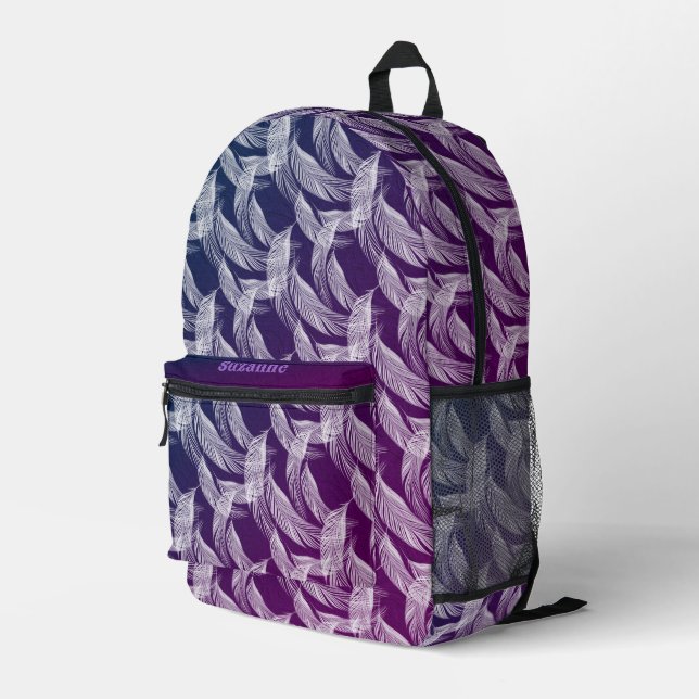 Floating White Feathers Personalised Printed Backpack (Back Corner Right)