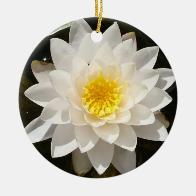 Floating White Waterlily Lotus  Ceramic Tree Decoration (Front)