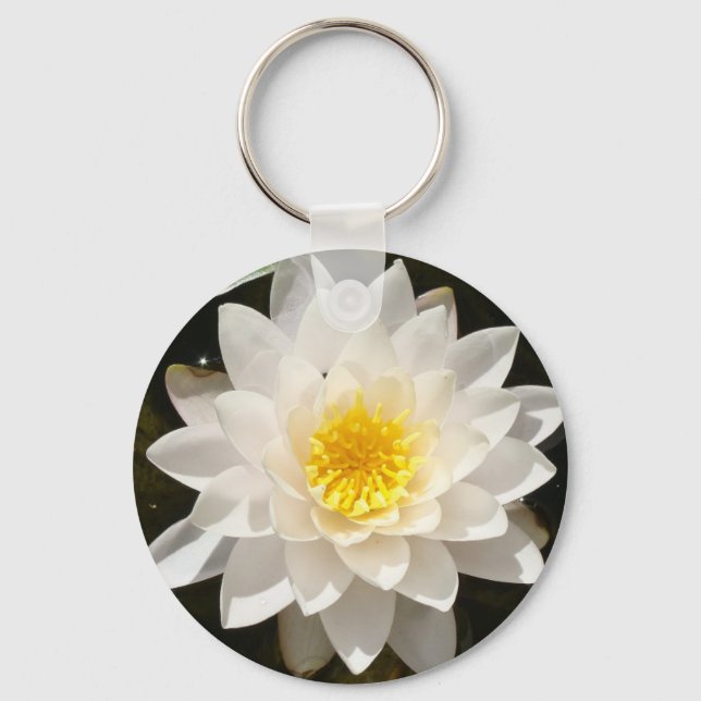 Floating White Waterlily Lotus Key Ring (Front)