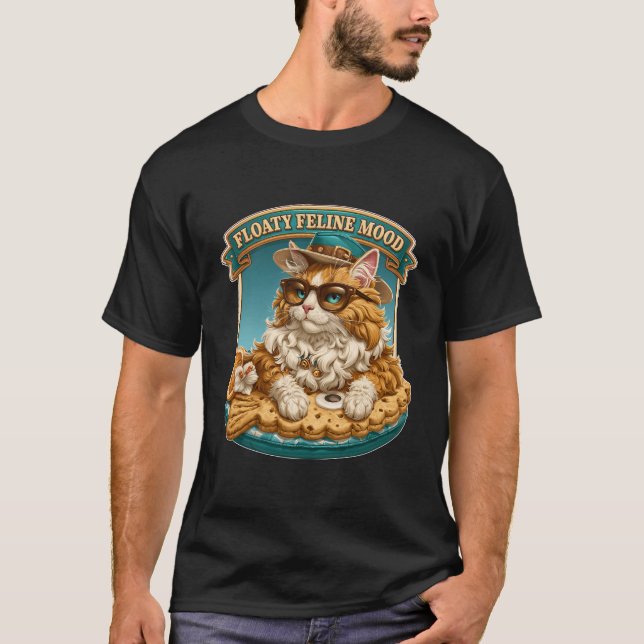 Floaty Feline Mood Cool Cat on Summer Pool Float T-Shirt (Front)