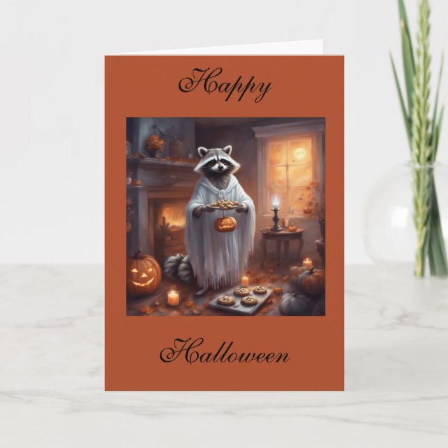 Floaty Ghost Racoon Halloween greeting card (Front)