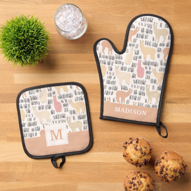 Flock Of Alpacas Pattern Oven Mitt & Pot Holder Set (Top Down)