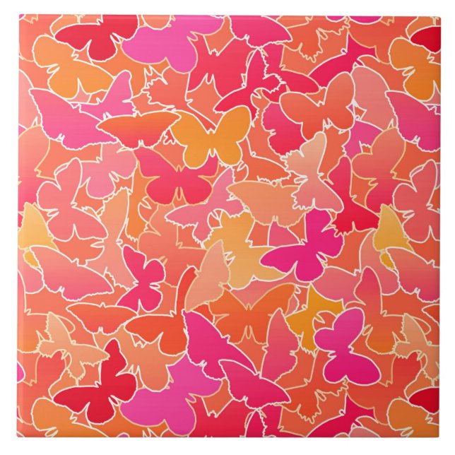Flock of Butterflies, Fuchsia Pink & Coral Orange Tile (Front)