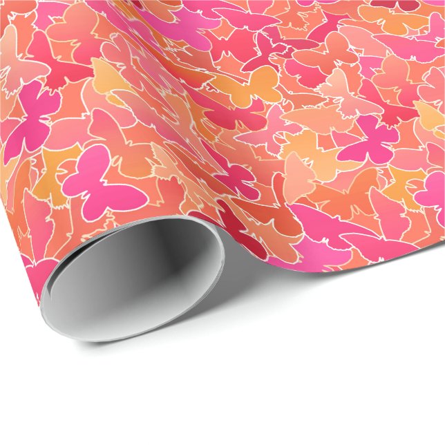 Flock of Butterflies, Fuchsia Pink & Coral Orange Wrapping Paper (Roll Corner)