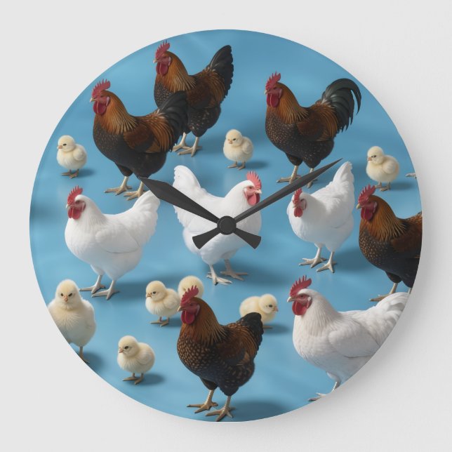Flock of Chicks and Cockerels Large Clock (Front)