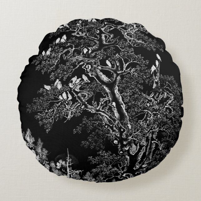 Flock of Crows at Dawn Round Cushion (Front)